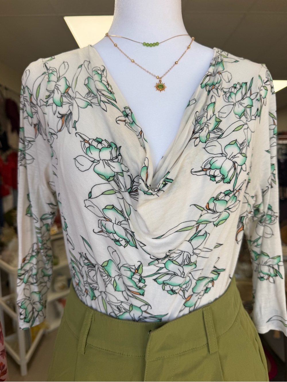 J Jill Floral Drape Neck Long-Sleeve Top - Cream & Green